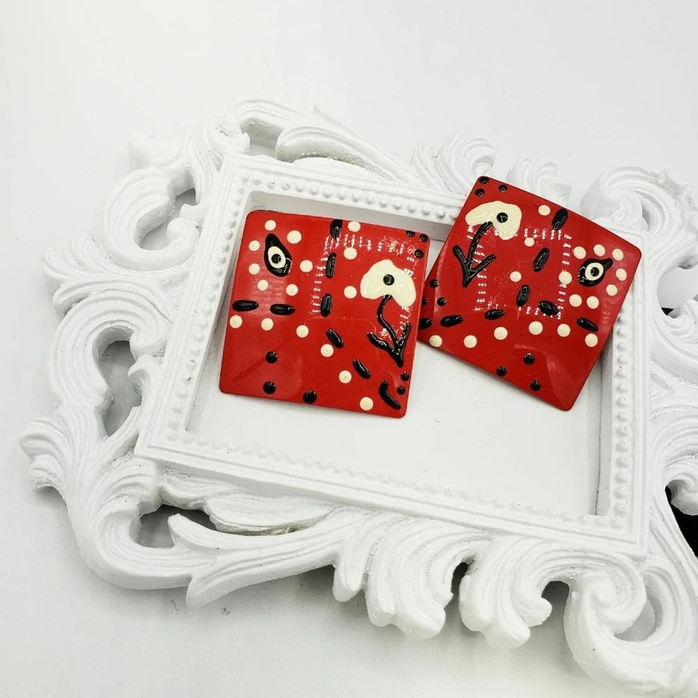 Vintage 70s Earrings • Abstract • Red Square • Pierced
